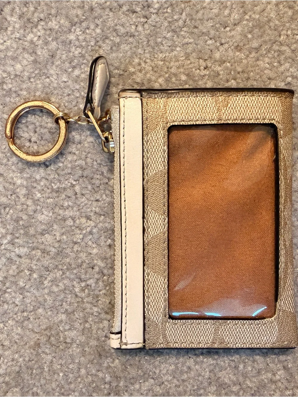 Coach Beige Signature Canvas Card Case with Gold Keyring